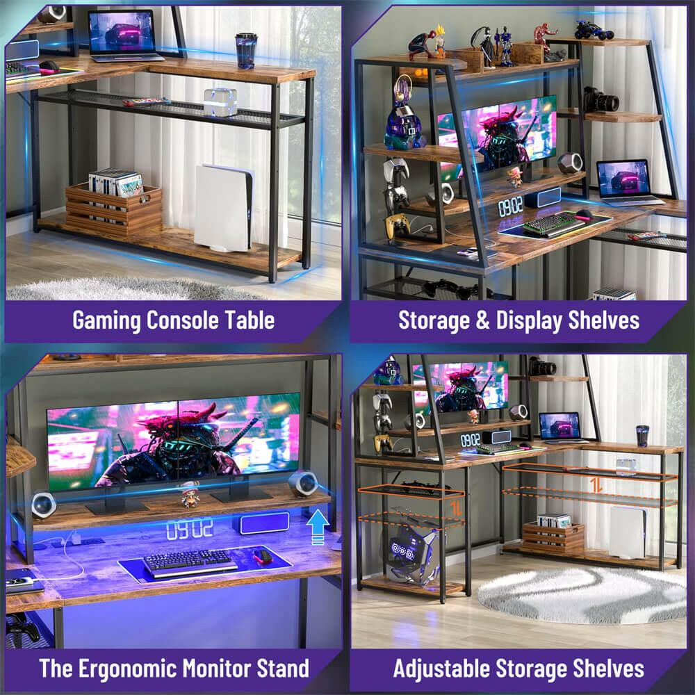 Unikito L Shaped Gaming Desk with LED Lights & Power Strips, 63'' Reversible Gaming Table Desk with Hutch, L-Shaped PC Gaming Desk with Storage, L Gamer Desk with Monitor Stand & Hook