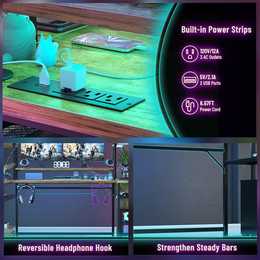 Unikito L Shaped Gaming Desk with LED Lights & Power Strips, 63'' Reversible Gaming Table Desk with Hutch, L-Shaped PC Gaming Desk with Storage, L Gamer Desk with Monitor Stand & Hook