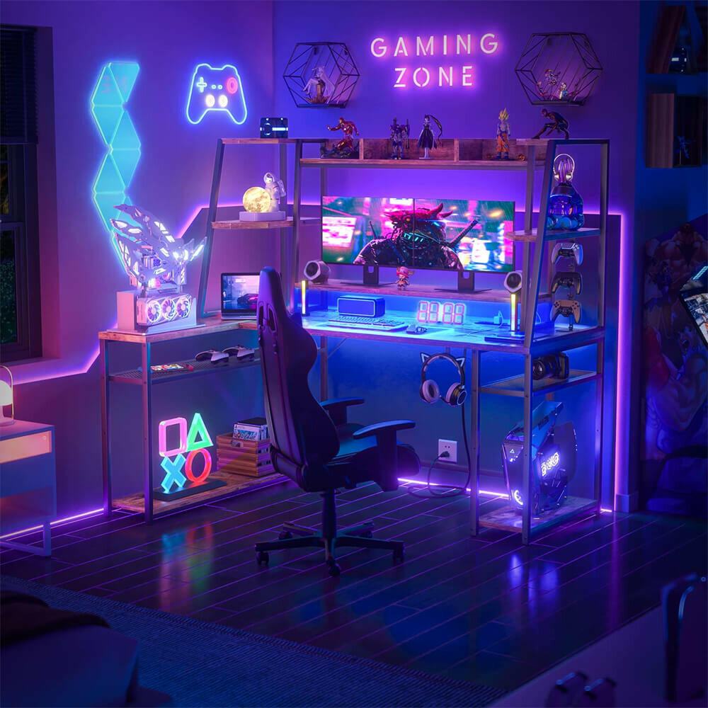 Unikito L Shaped Gaming Desk with LED Lights & Power Strips, 63'' Reversible Gaming Table Desk with Hutch, L-Shaped PC Gaming Desk with Storage, L Gamer Desk with Monitor Stand & Hook