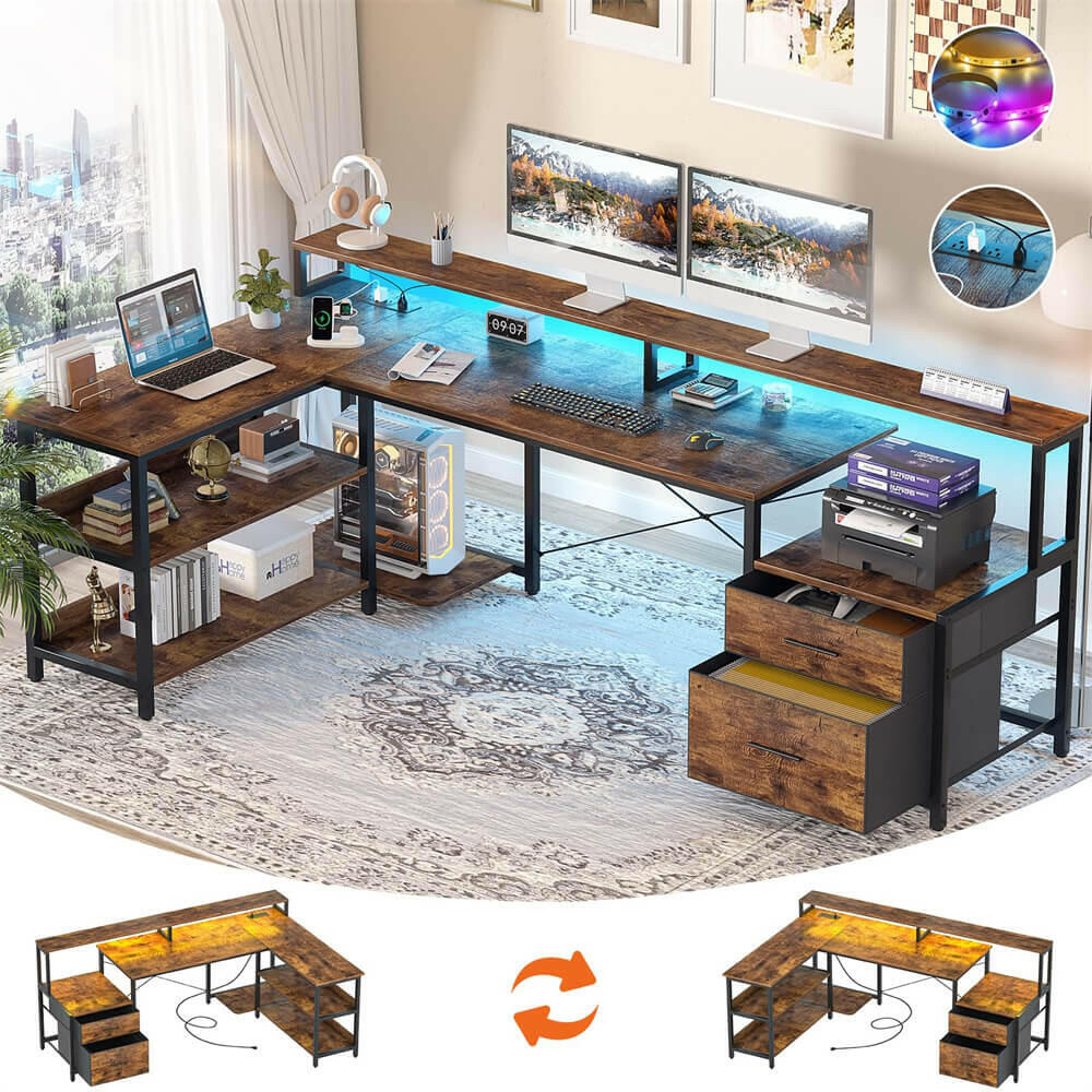 Unikito L Shaped Desk with File Drawer, 72.8" Reversible L Shaped Computer Desk with Power Outlet & LED Strip, Gaming Desk with Monitor Stand, Office Desk Corner Desk with Storage Shelf