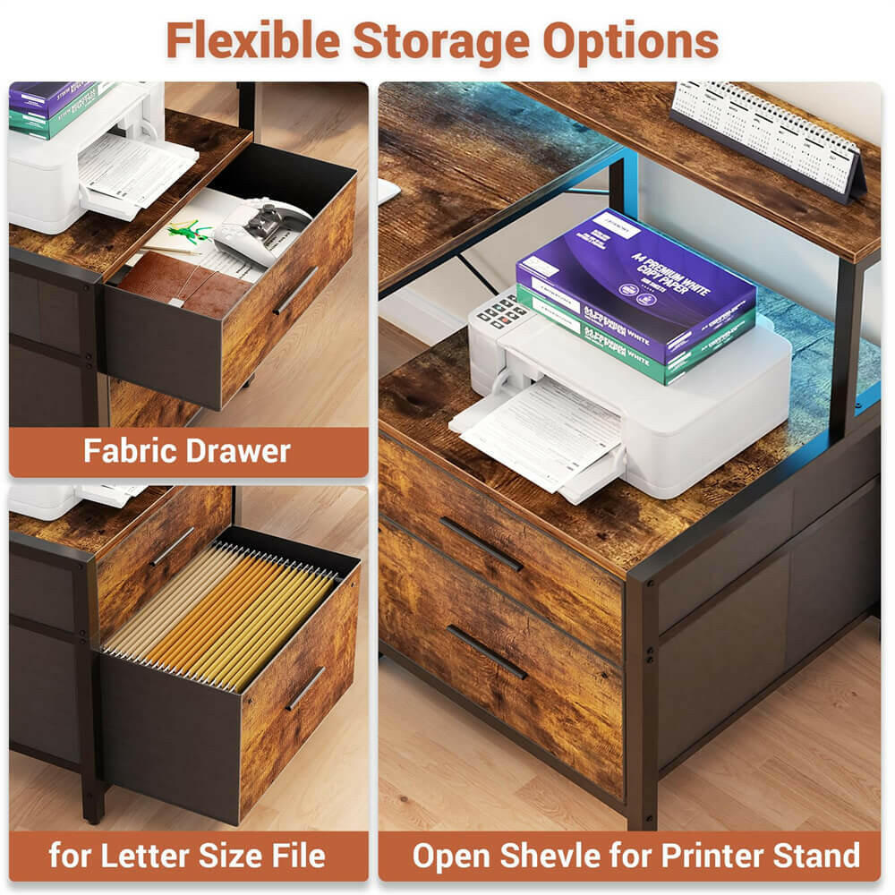 Unikito L Shaped Desk with File Drawer, 72.8" Reversible L Shaped Computer Desk with Power Outlet & LED Strip, Gaming Desk with Monitor Stand, Office Desk Corner Desk with Storage Shelf