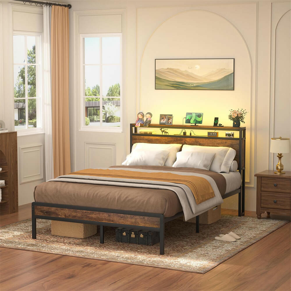 Unikito Full Size Bed Frame with Charging Station and Led Lights, Industrial Metal Platform Bed with Storage Headboard, Steel Slat Support, No Box Spring Needed, Noise-Free
