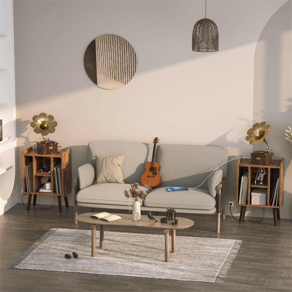 Unikito Record Player Stand, Vinyl Turntable Stand with Power Outlet and USB Charging Port, Record Display Table with Storage, Audio Rack, Turntable Nightstand for Bedroom, Living Room