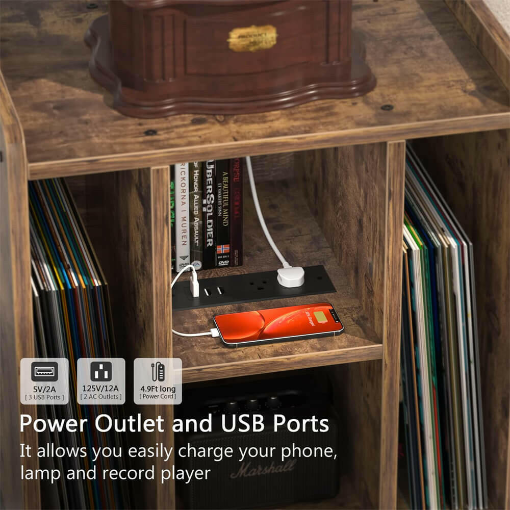 Unikito Record Player Stand, Vinyl Turntable Stand with Power Outlet and USB Charging Port, Record Display Table with Storage, Audio Rack, Turntable Nightstand for Bedroom, Living Room