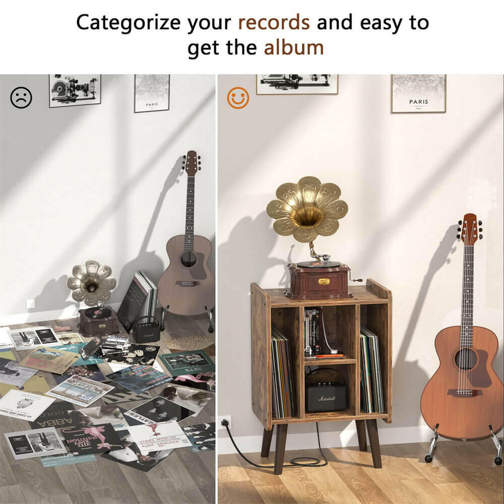 Unikito Record Player Stand, Vinyl Turntable Stand with Power Outlet and USB Charging Port, Record Display Table with Storage, Audio Rack, Turntable Nightstand for Bedroom, Living Room
