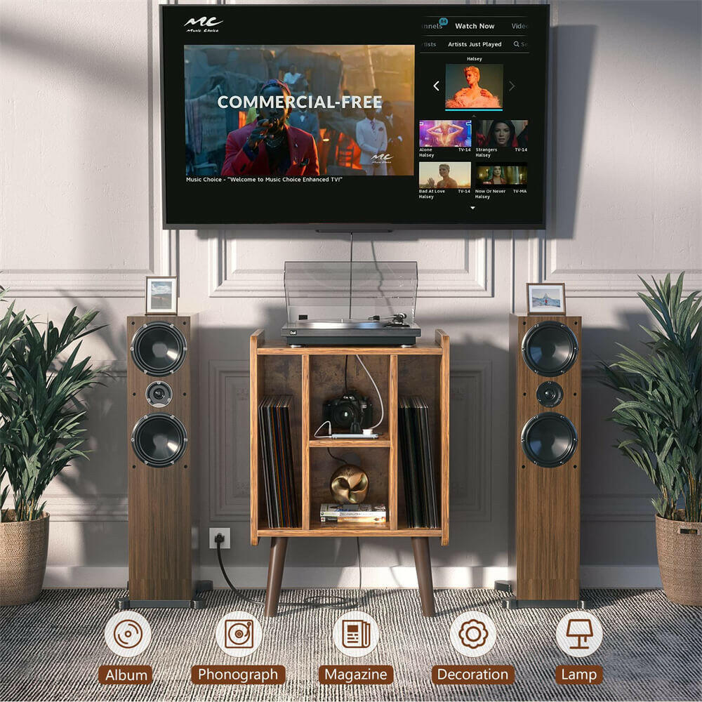 Unikito Record Player Stand, Vinyl Turntable Stand with Power Outlet and USB Charging Port, Record Display Table with Storage, Audio Rack, Turntable Nightstand for Bedroom, Living Room