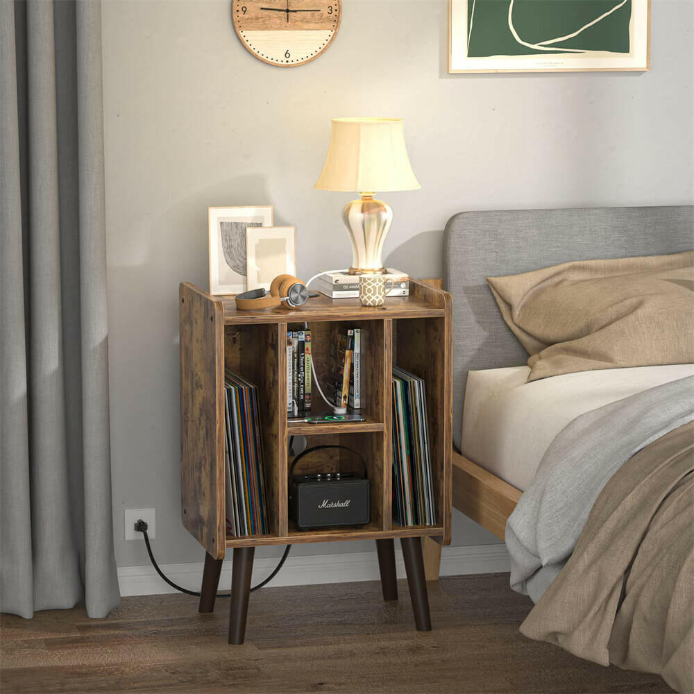 Unikito Record Player Stand, Vinyl Turntable Stand with Power Outlet and USB Charging Port, Record Display Table with Storage, Audio Rack, Turntable Nightstand for Bedroom, Living Room