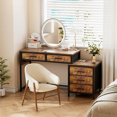 Unikito Reversible Computer Desk with 5 Drawers, Sturdy Office Desk with Power Outlets and USB Ports, Corner Writing Table with File Cabinet & Printer Stand, Vanity Desk with Storage