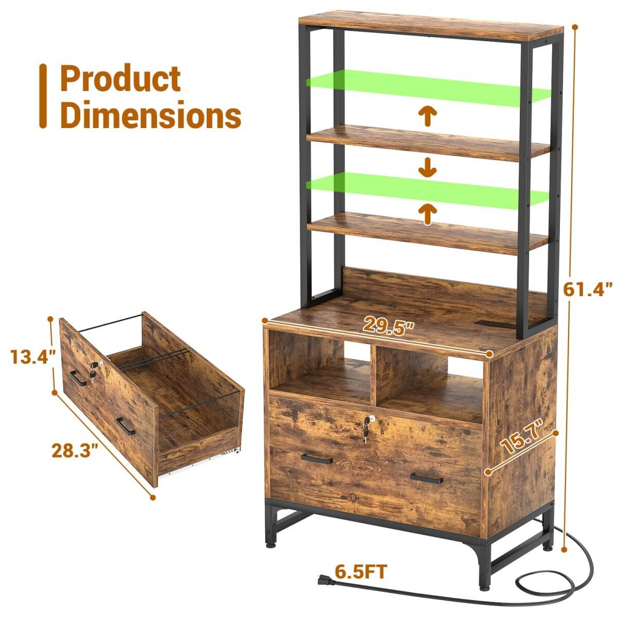 Unikito File Cabinet with Charging Station, Vertical Filing Cabinet with Lock & Large Drawer, Printer Stand with Storage Shelves, Office Storage Cabinet fits Letter/A4/Legal Size