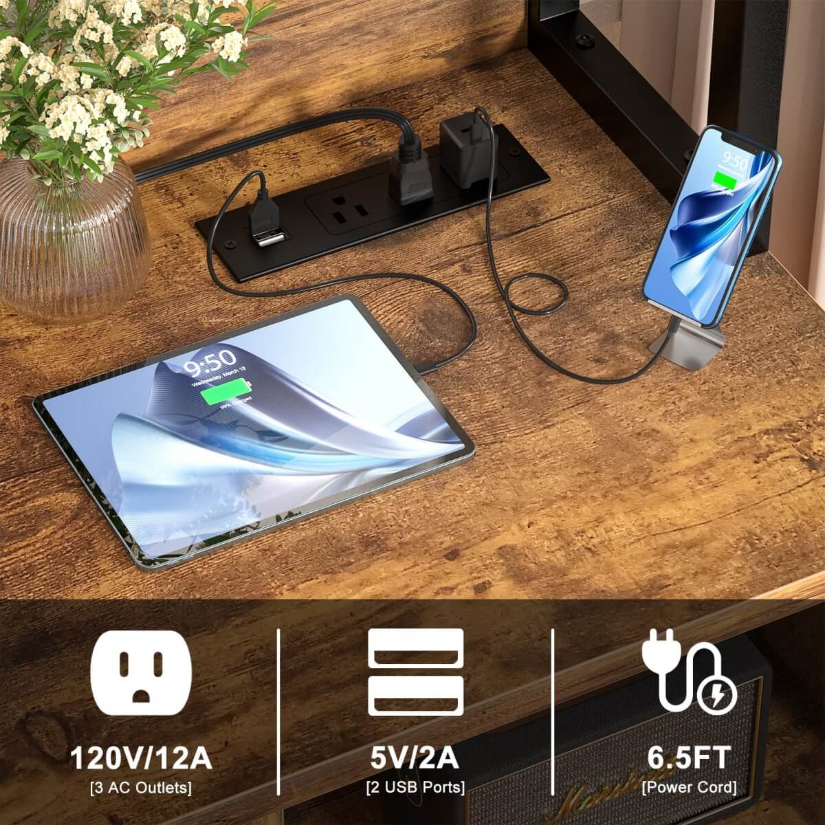 Unikito File Cabinet with Charging Station, Vertical Filing Cabinet with Lock & Large Drawer, Printer Stand with Storage Shelves, Office Storage Cabinet fits Letter/A4/Legal Size