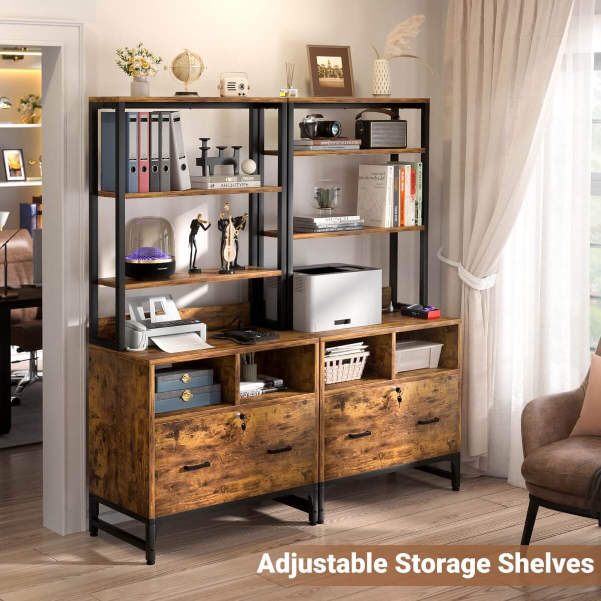 Unikito File Cabinet with Charging Station, Vertical Filing Cabinet with Lock & Large Drawer, Printer Stand with Storage Shelves, Office Storage Cabinet fits Letter/A4/Legal Size