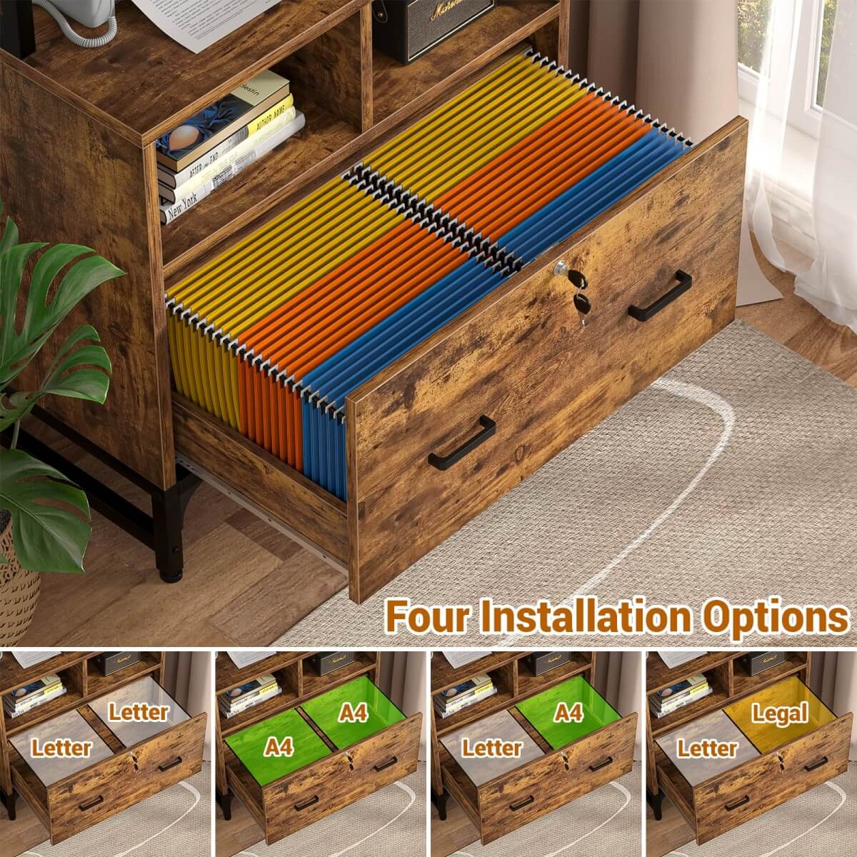 Unikito File Cabinet with Charging Station, Vertical Filing Cabinet with Lock & Large Drawer, Printer Stand with Storage Shelves, Office Storage Cabinet fits Letter/A4/Legal Size