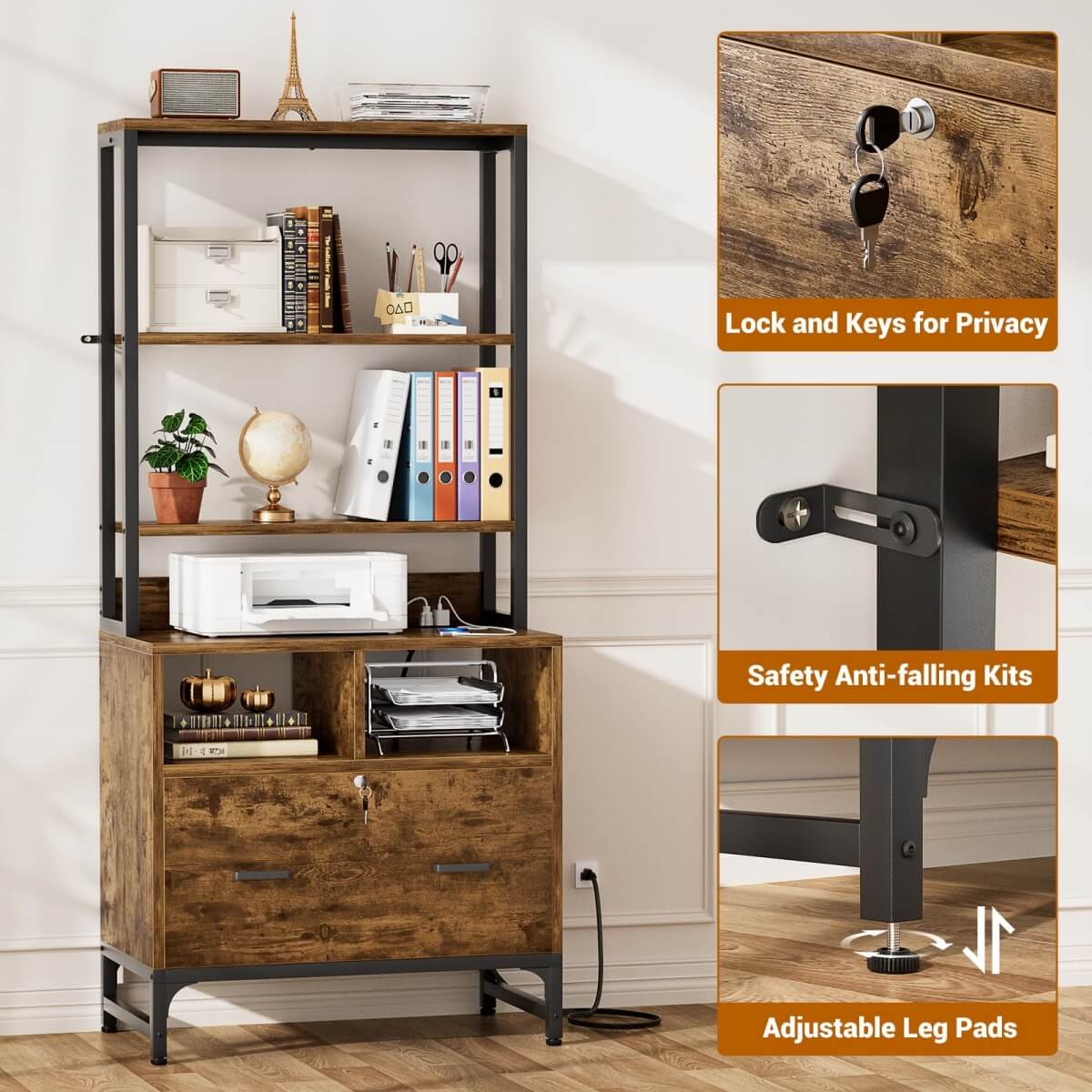 Unikito File Cabinet with Charging Station, Vertical Filing Cabinet with Lock & Large Drawer, Printer Stand with Storage Shelves, Office Storage Cabinet fits Letter/A4/Legal Size