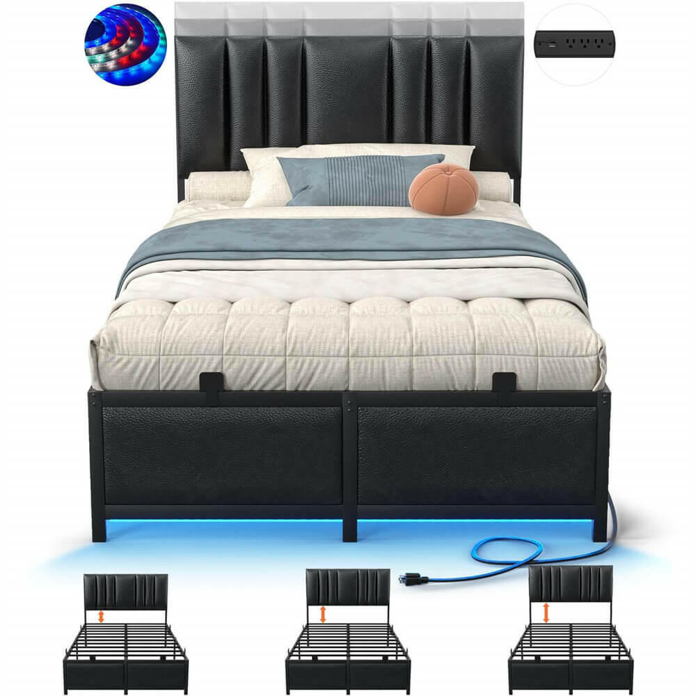 Unikito Black Metal Bed Frame with 3 Height Adjustable Headboard, Upholstered Leather Platform Bed with LED Light & Charging Station, Stable Metal Frame Support, No Box Spring Needed, Noise Free