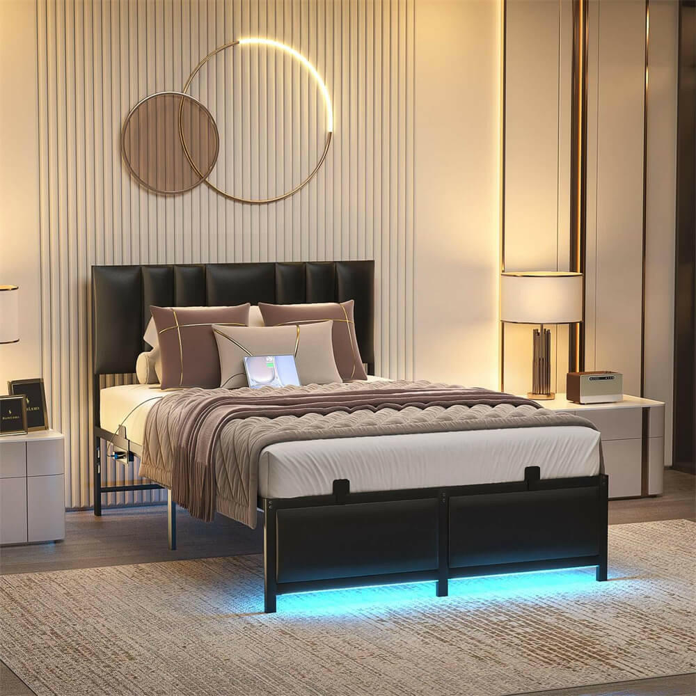 Unikito Black Metal Bed Frame with 3 Height Adjustable Headboard, Upholstered Leather Platform Bed with LED Light & Charging Station, Stable Metal Frame Support, No Box Spring Needed, Noise Free