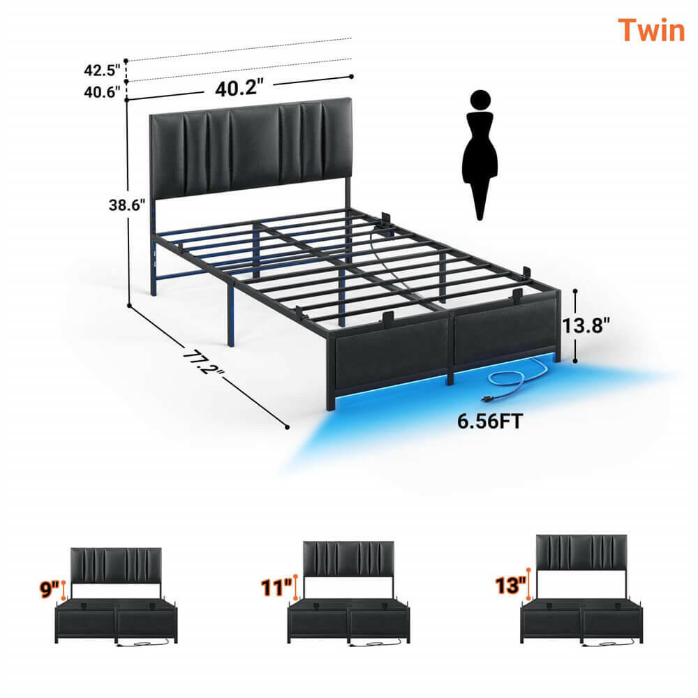 Unikito Black Metal Bed Frame with 3 Height Adjustable Headboard, Upholstered Leather Platform Bed with LED Light & Charging Station, Stable Metal Frame Support, No Box Spring Needed, Noise Free