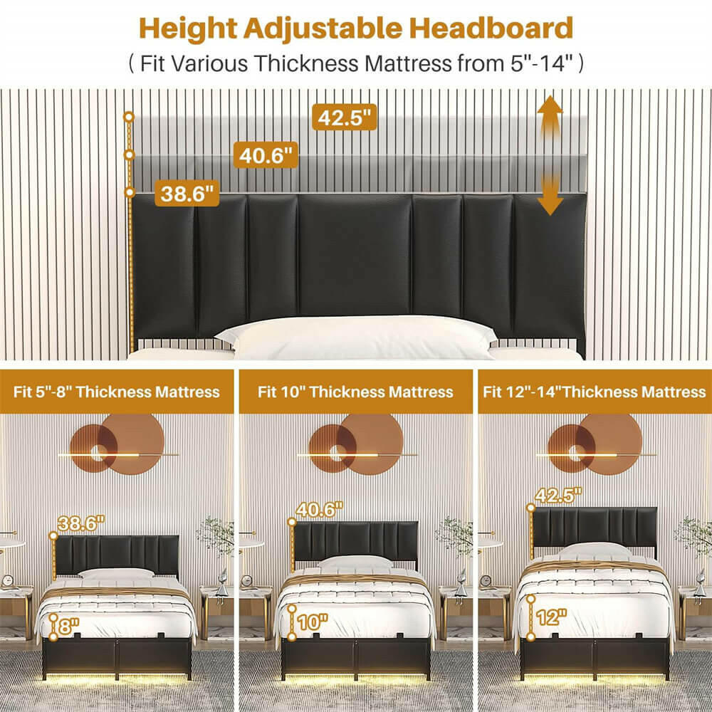 Unikito Black Metal Bed Frame with 3 Height Adjustable Headboard, Upholstered Leather Platform Bed with LED Light & Charging Station, Stable Metal Frame Support, No Box Spring Needed, Noise Free