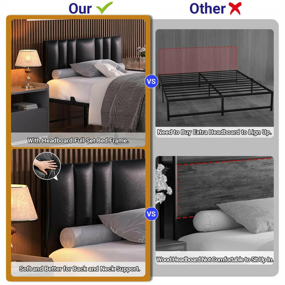 Unikito Black Metal Bed Frame with 3 Height Adjustable Headboard, Upholstered Leather Platform Bed with LED Light & Charging Station, Stable Metal Frame Support, No Box Spring Needed, Noise Free