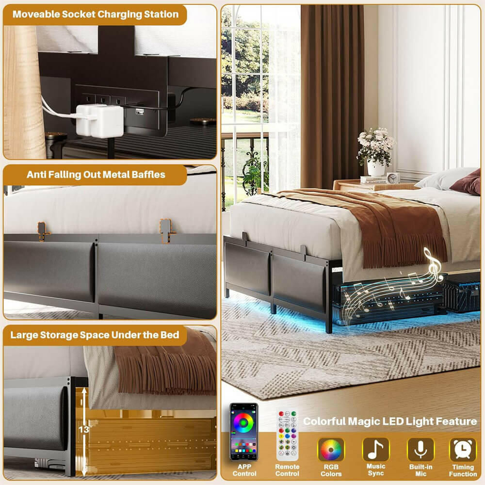 Unikito Black Metal Bed Frame with 3 Height Adjustable Headboard, Upholstered Leather Platform Bed with LED Light & Charging Station, Stable Metal Frame Support, No Box Spring Needed, Noise Free