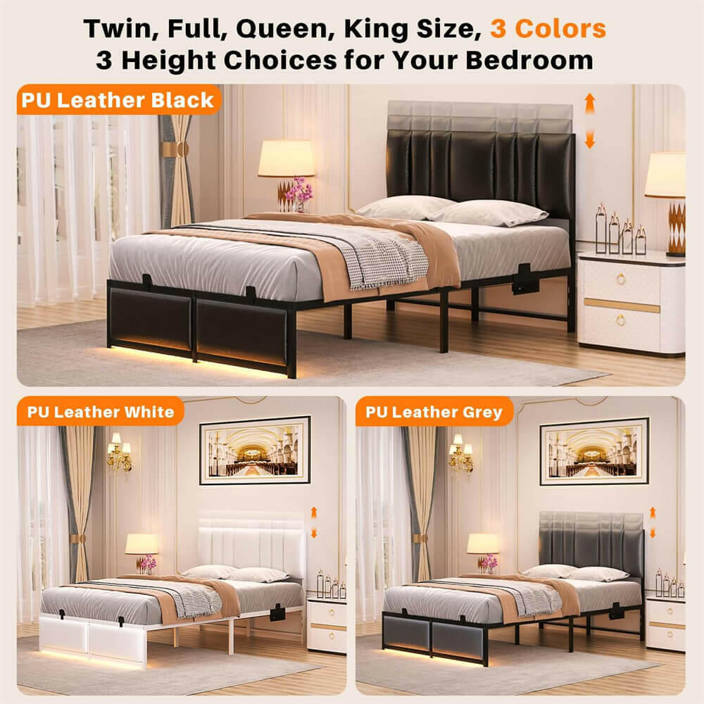 Unikito Black Metal Bed Frame with 3 Height Adjustable Headboard, Upholstered Leather Platform Bed with LED Light & Charging Station, Stable Metal Frame Support, No Box Spring Needed, Noise Free