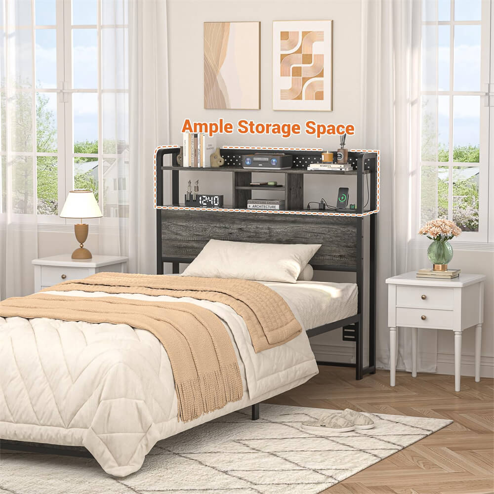 Unikito Headboard for Twin Size Bed with Storage Shelf, Head board with 3 Outlets and 2 USB Ports, Headboards with RGB LED Light, Height Adjustable, Sturdy and Stable, Easy Assembly