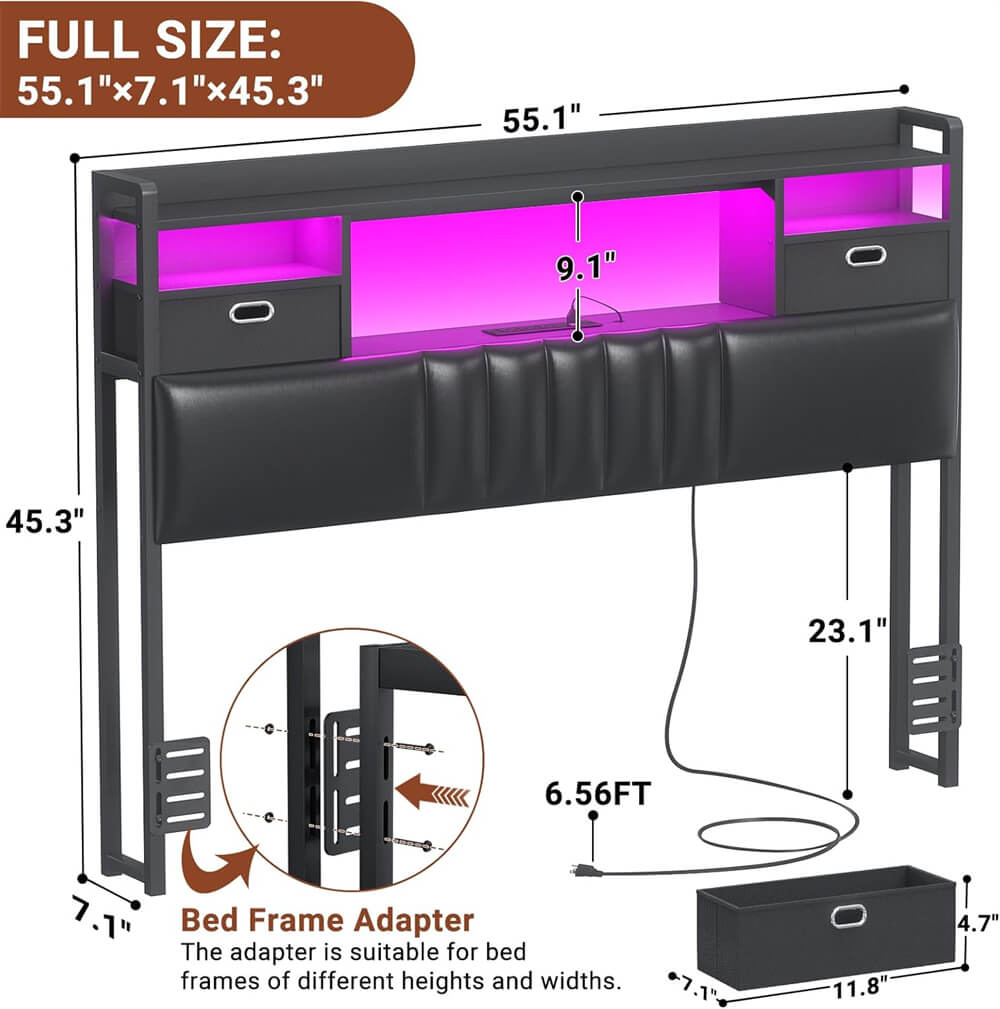 Full Size Headboard with Drawer Storage and RGB LED Light, Full Upholstered Headboard with Charging Station and Bookcase