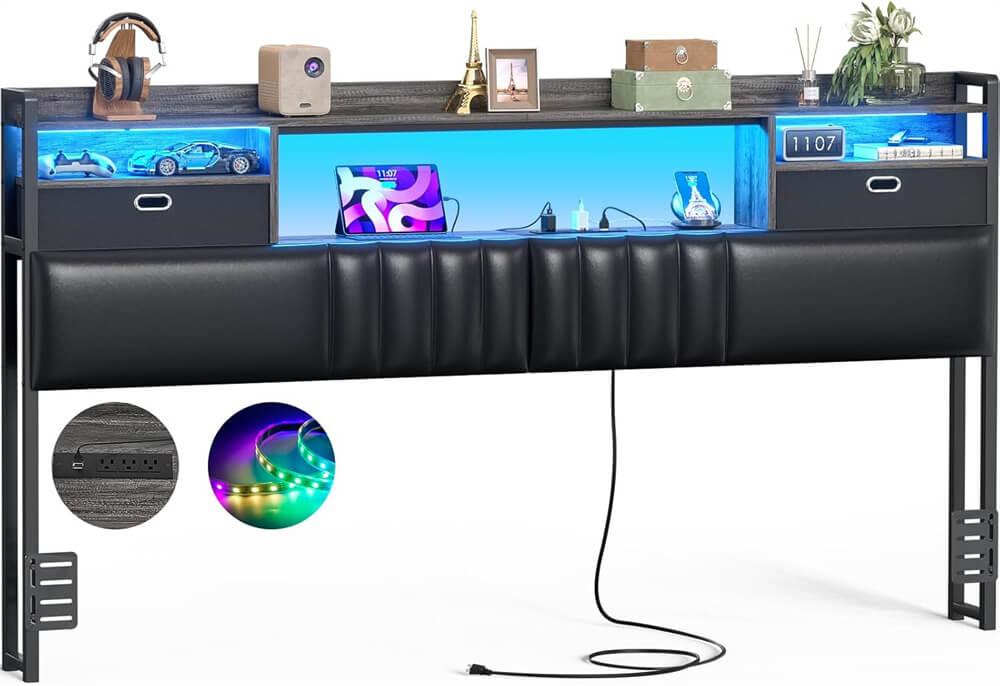 King Size Upholstered Headboard with Drawer Storage and RGB LED Light, Bookcase Headboard with Charging Station for King Size Bed Frame