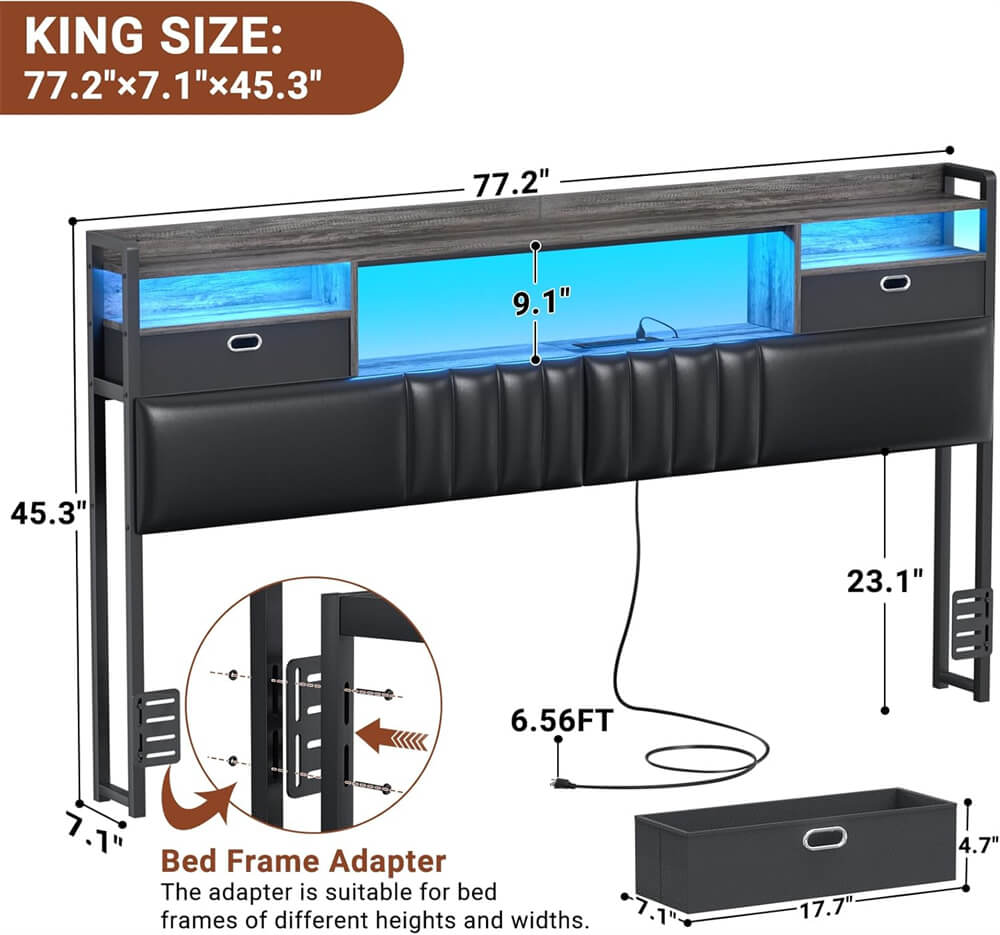 King Size Upholstered Headboard with Drawer Storage and RGB LED Light, Bookcase Headboard with Charging Station for King Size Bed Frame