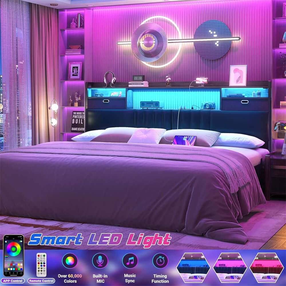 King Size Upholstered Headboard with Drawer Storage and RGB LED Light, Bookcase Headboard with Charging Station for King Size Bed Frame