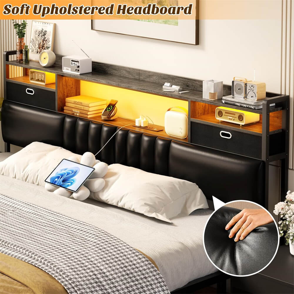 King Size Upholstered Headboard with Drawer Storage and RGB LED Light, Bookcase Headboard with Charging Station for King Size Bed Frame