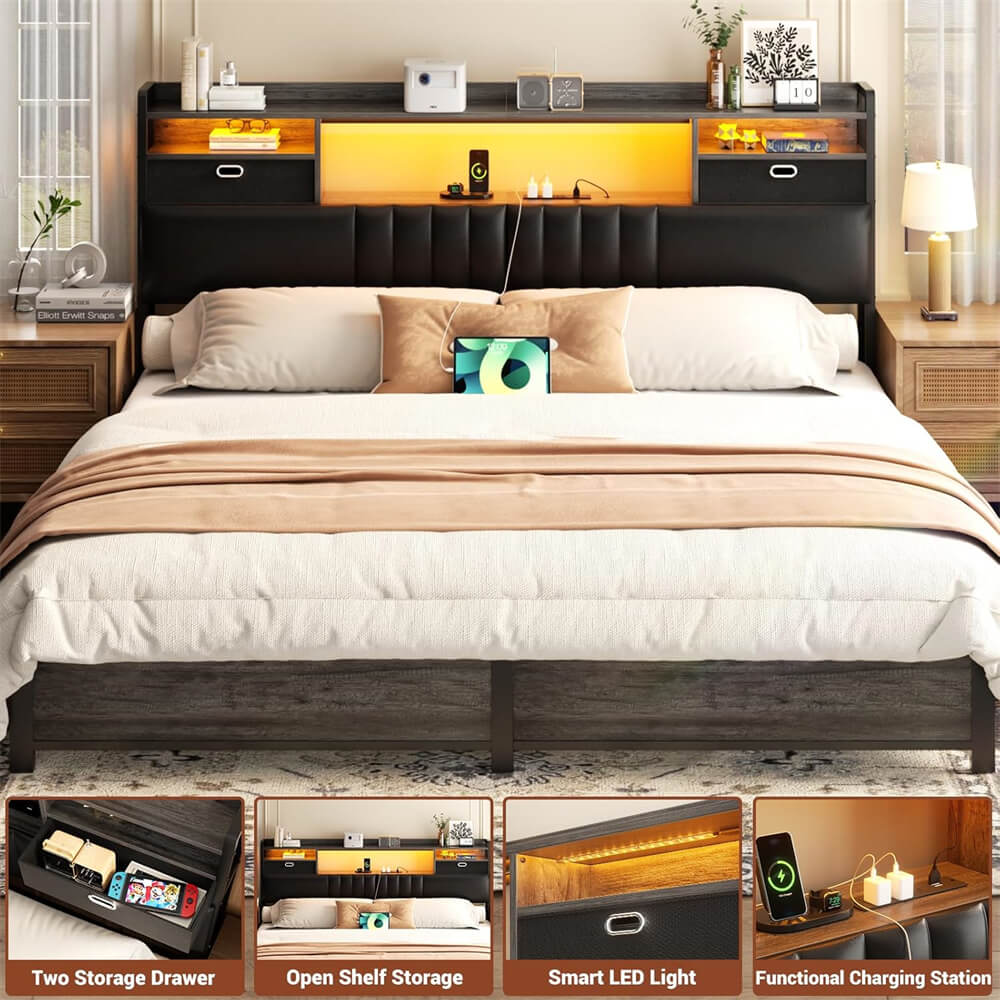 King Size Upholstered Headboard with Drawer Storage and RGB LED Light, Bookcase Headboard with Charging Station for King Size Bed Frame