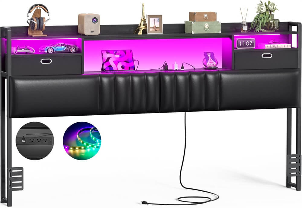 King Size Upholstered Headboard with Drawer Storage and RGB LED Light, Bookcase Headboard with Charging Station for King Size Bed Frame