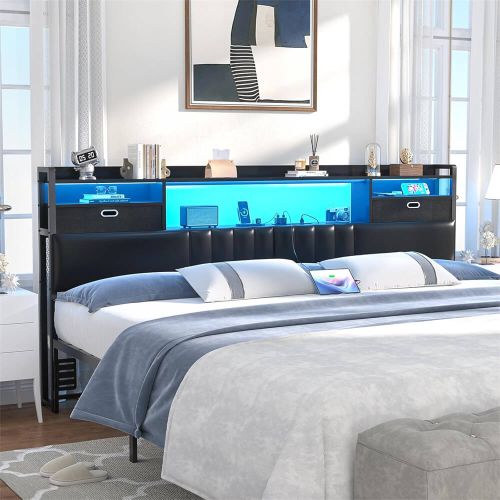King Size Upholstered Headboard with Drawer Storage and RGB LED Light, Bookcase Headboard with Charging Station for King Size Bed Frame