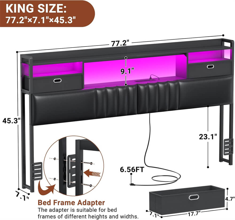 King Size Upholstered Headboard with Drawer Storage and RGB LED Light, Bookcase Headboard with Charging Station for King Size Bed Frame