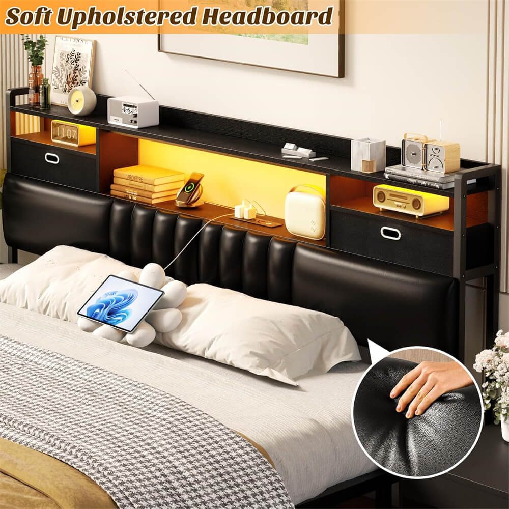King Size Upholstered Headboard with Drawer Storage and RGB LED Light, Bookcase Headboard with Charging Station for King Size Bed Frame