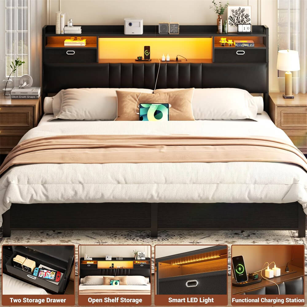 King Size Upholstered Headboard with Drawer Storage and RGB LED Light, Bookcase Headboard with Charging Station for King Size Bed Frame