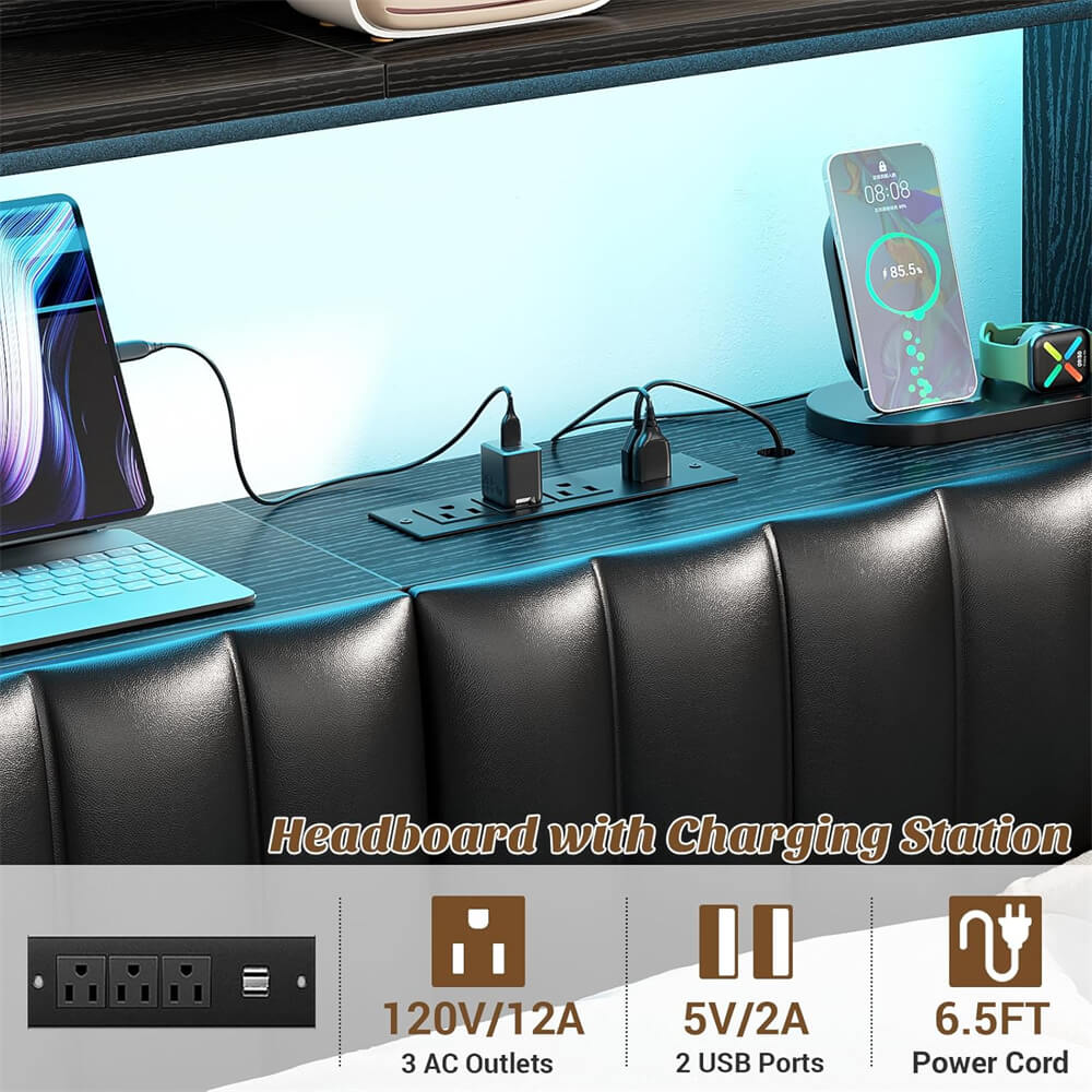 King Size Upholstered Headboard with Drawer Storage and RGB LED Light, Bookcase Headboard with Charging Station for King Size Bed Frame