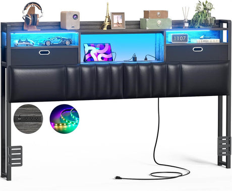 Queen Headboard with Drawer Storage and RGB LED Light, Queen Size Upholstered Headboard with Power Outlet and Bookcase