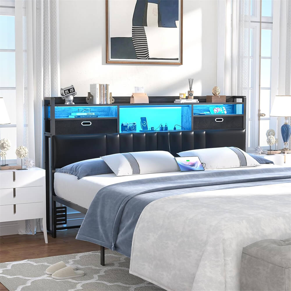Queen Headboard with Drawer Storage and RGB LED Light, Queen Size Upholstered Headboard with Power Outlet and Bookcase