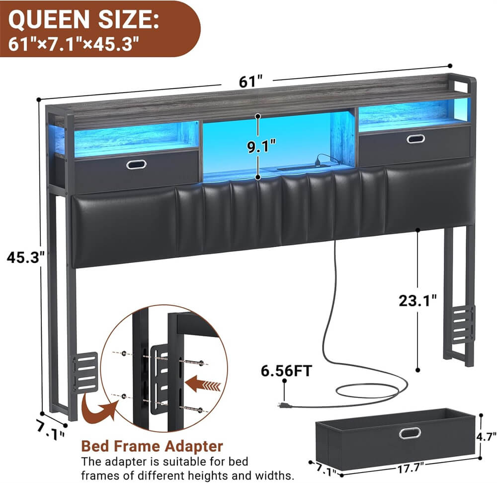 Queen Headboard with Drawer Storage and RGB LED Light, Queen Size Upholstered Headboard with Power Outlet and Bookcase