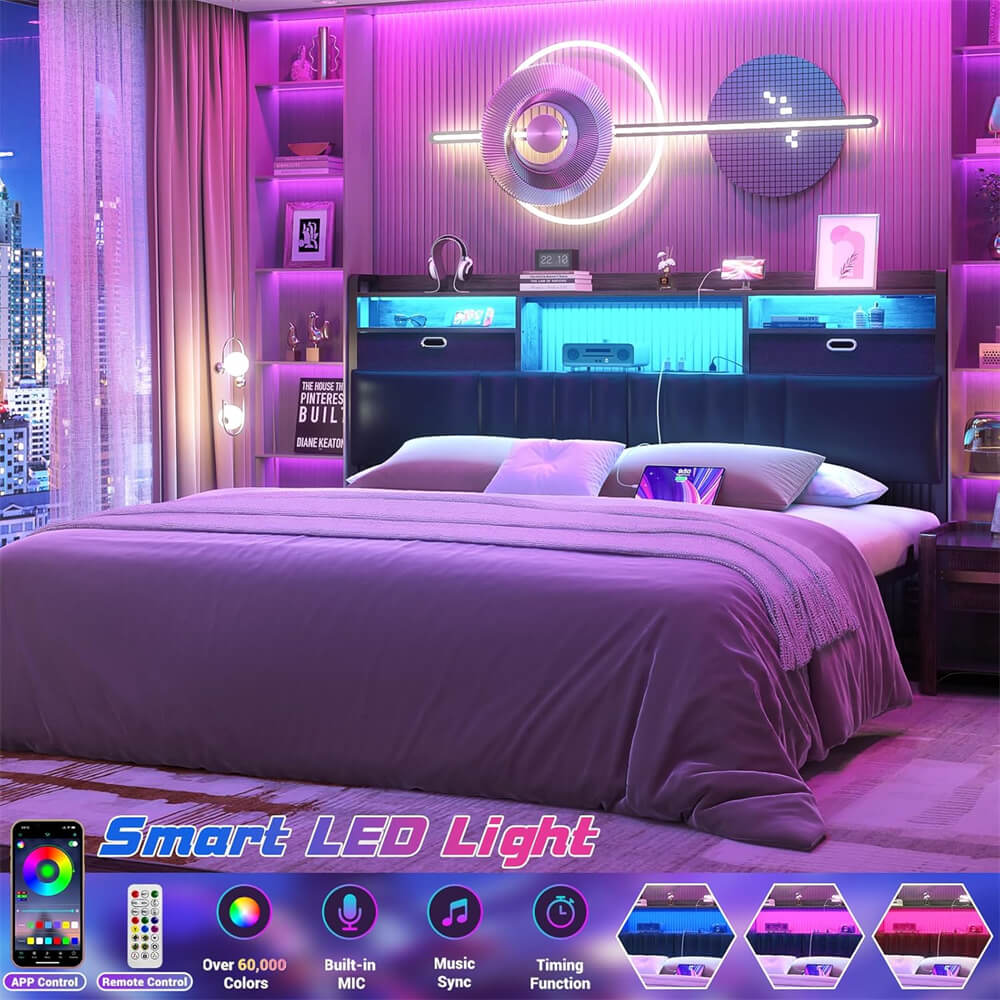 Queen Headboard with Drawer Storage and RGB LED Light, Queen Size Upholstered Headboard with Power Outlet and Bookcase