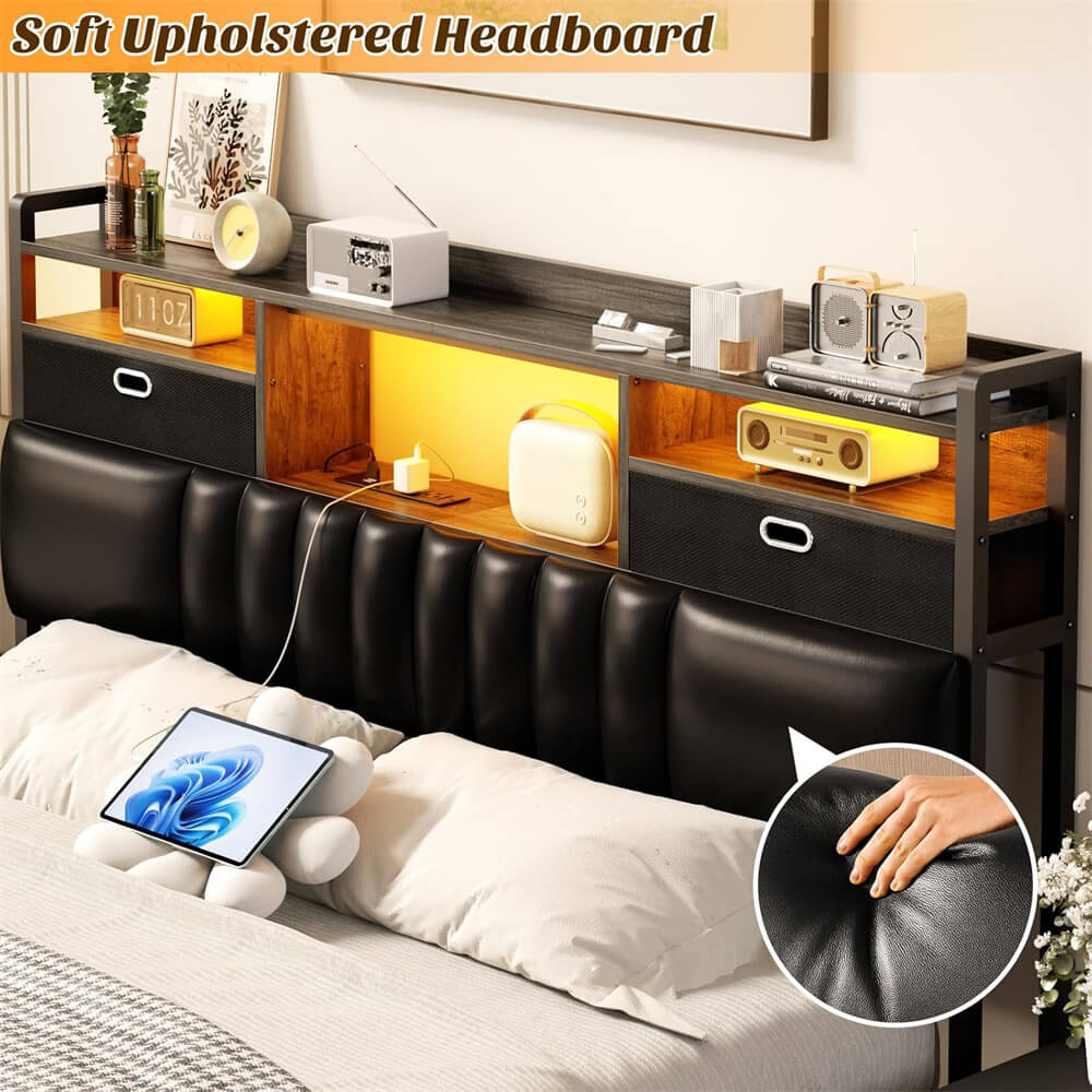 Queen Headboard with Drawer Storage and RGB LED Light, Queen Size Upholstered Headboard with Power Outlet and Bookcase