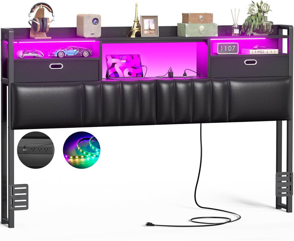 Queen Headboard with Drawer Storage and RGB LED Light, Queen Size Upholstered Headboard with Power Outlet and Bookcase