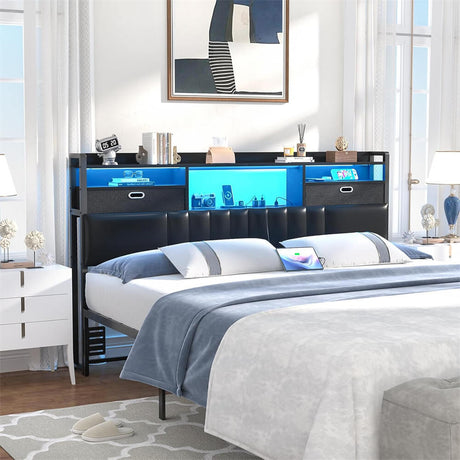 Queen Headboard with Drawer Storage and RGB LED Light, Queen Size Upholstered Headboard with Power Outlet and Bookcase