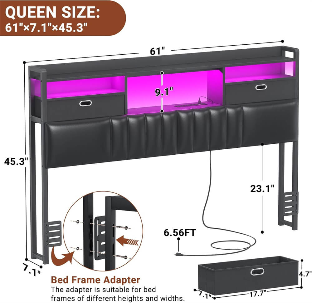 Queen Headboard with Drawer Storage and RGB LED Light, Queen Size Upholstered Headboard with Power Outlet and Bookcase