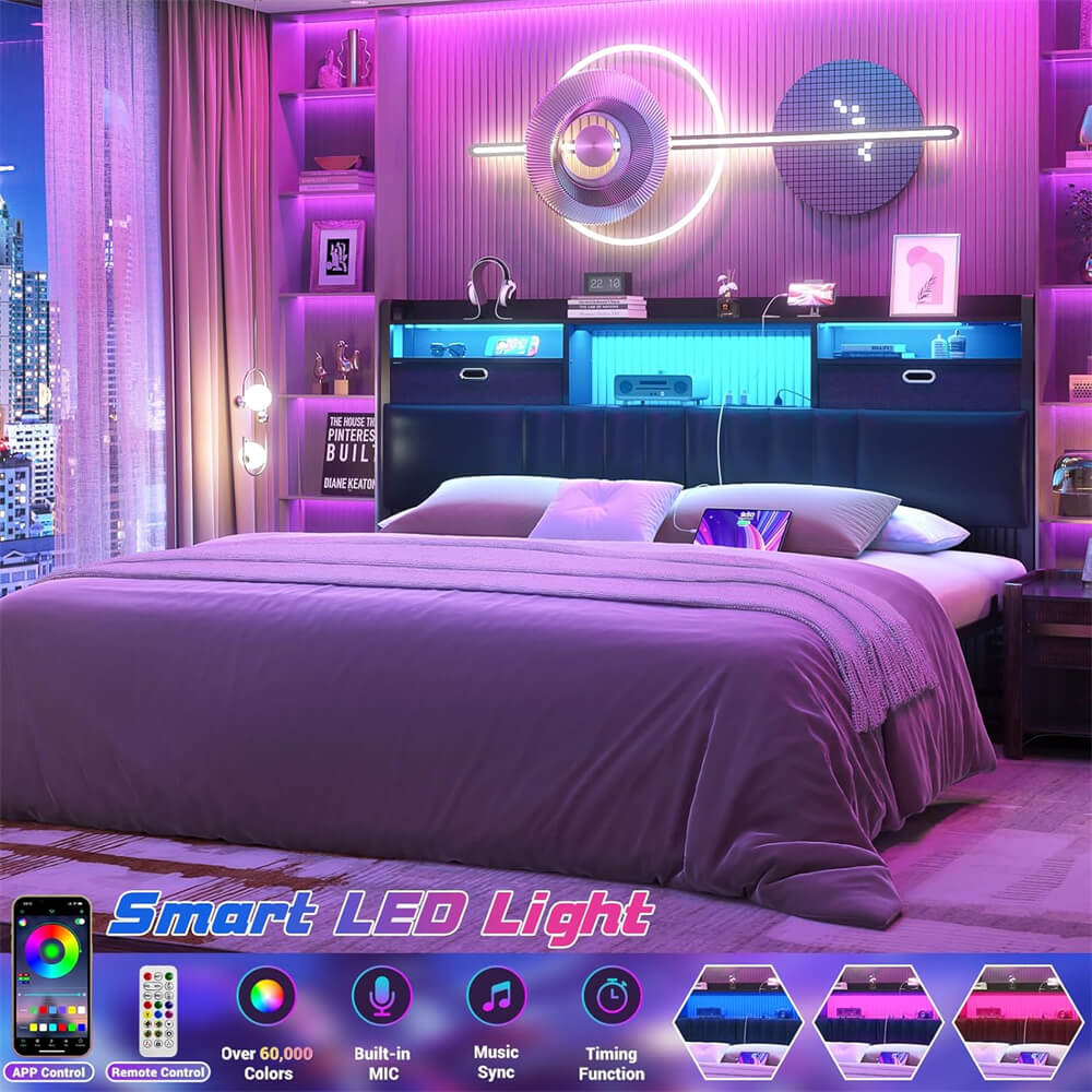 Queen Headboard with Drawer Storage and RGB LED Light, Queen Size Upholstered Headboard with Power Outlet and Bookcase