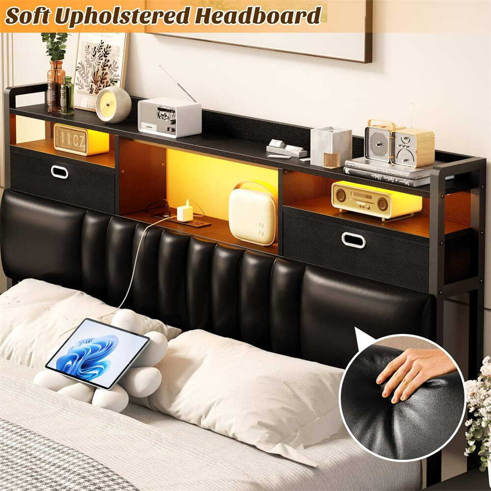 Queen Headboard with Drawer Storage and RGB LED Light, Queen Size Upholstered Headboard with Power Outlet and Bookcase