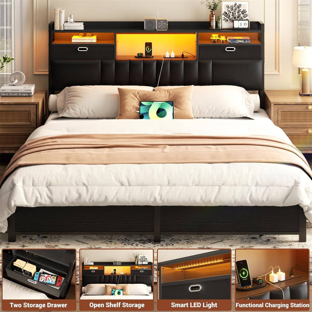 Queen Headboard with Drawer Storage and RGB LED Light, Queen Size Upholstered Headboard with Power Outlet and Bookcase