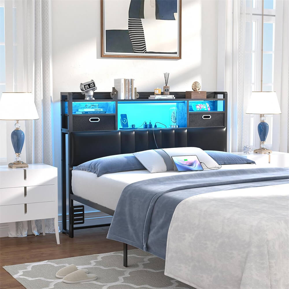Twin Headboard with Drawer Storage and RGB LED Light, Twin Size Upholstered Headboard with Charging Station and Bookcase
