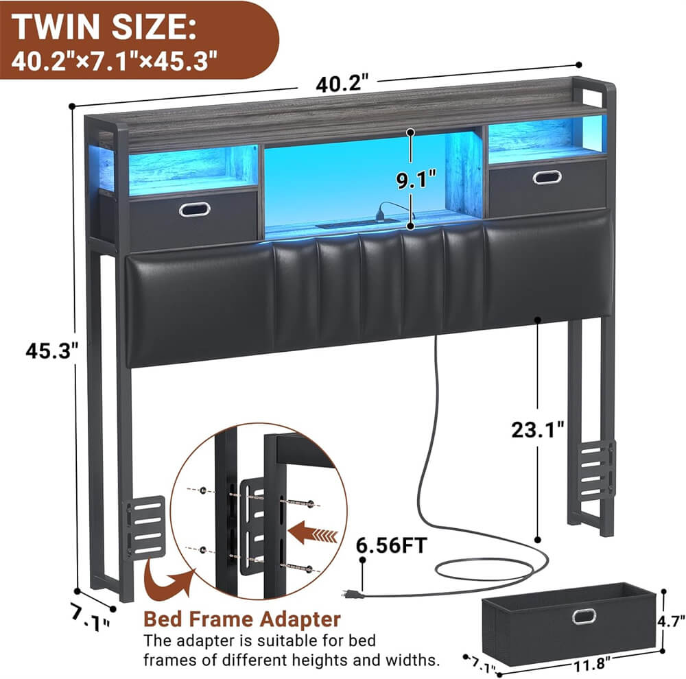 Twin Headboard with Drawer Storage and RGB LED Light, Twin Size Upholstered Headboard with Charging Station and Bookcase